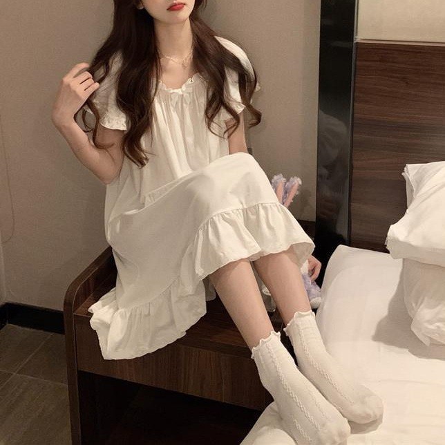 ชุดนอนสไตล์เจ้าหญิงผู้หญิงชุดนอนฤดูร้อนแขนสั้นหลวมคอสายเดียวน่ารัก Wechat Business Live Home Service