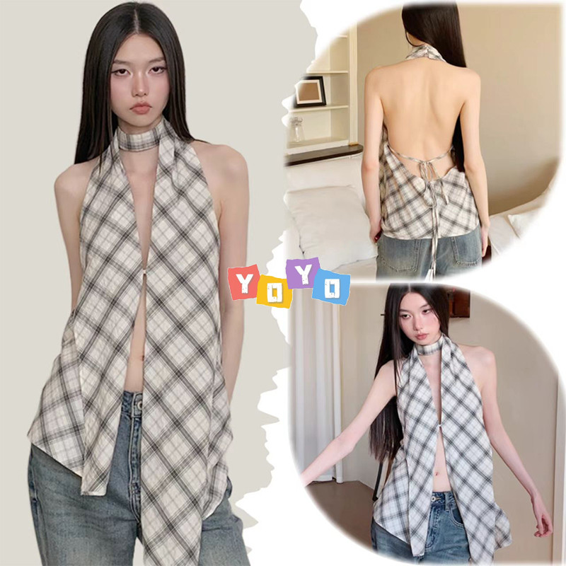 YOYO พร้อมส่ง🌈ยาวเสื้อกั๊ก🌈คอวี เกาะอก วันหยุด ปาดไหล่ เซ็กซี่ แขนกุด สาวอเมริกัน ฤดูร้อน ลายสก็อต ผู้หญิง
