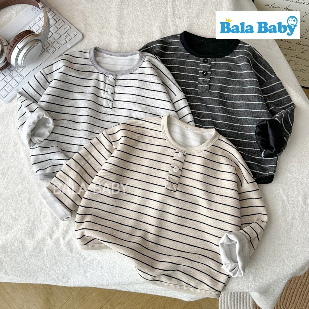 เสื้อยืดแขนยาวเด็ก เสื้อแขนยาวลายทาง สไตล์เกาหลีทรงหลวม แต่งกระดุม 2 เม็ด Size80-120cm CX30
