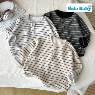 เสื้อยืดแขนยาวเด็ก เสื้อแขนยาวลายทาง สไตล์เกาหลีทรงหลวม แต่งกระดุม 2 เม็ด Size80-120cm CX30