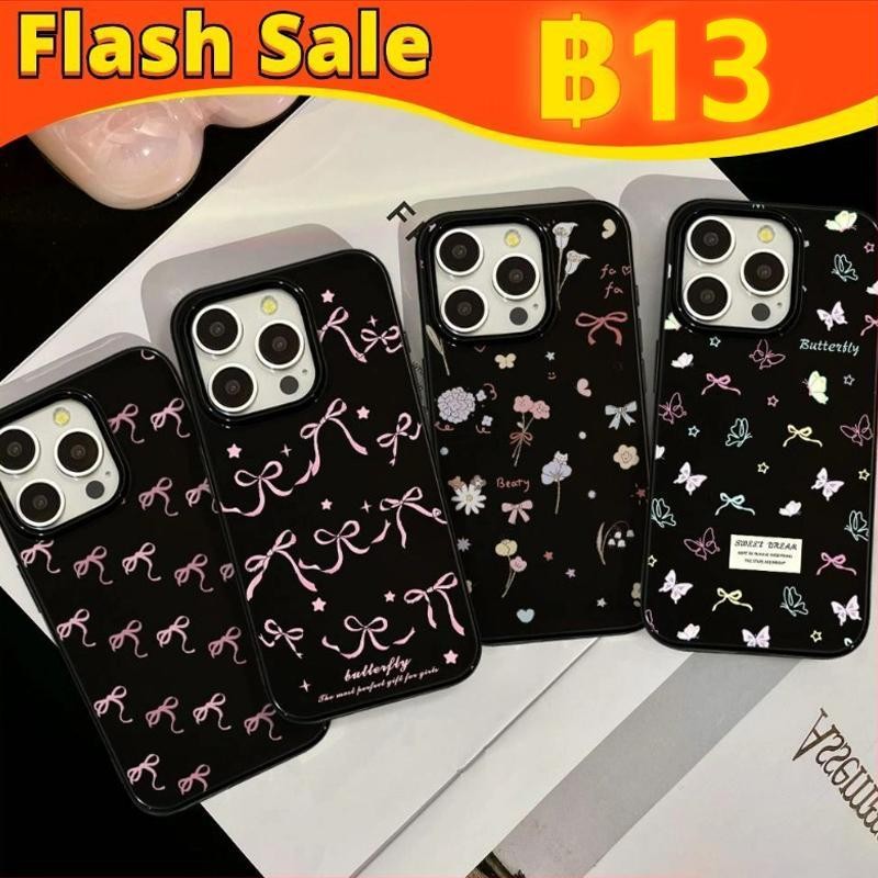 สำหรับ iPhone เคส ไอโฟน สีดำมัน TPU ซอฟท์เคส กันกระแทกกล้องป้องกัน โบว์ดอกไม้ เข้ากันได้กับ iPhone 14 13 12 Pro Max 11