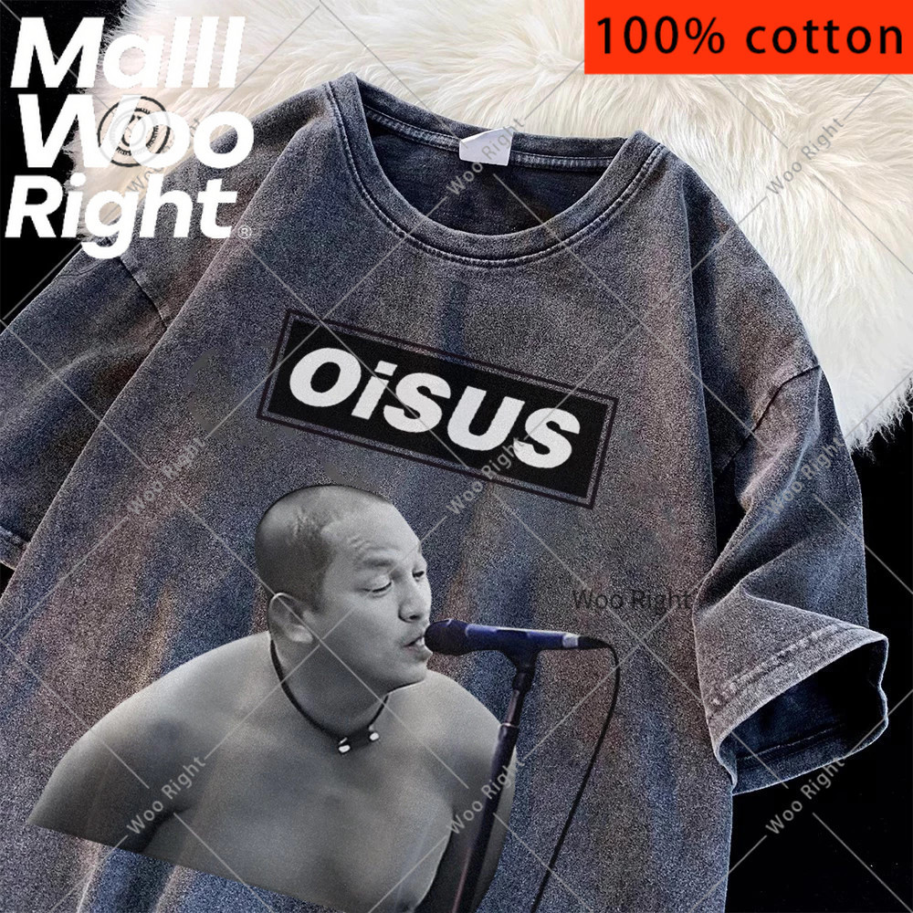 (จัดส่งตลอด 24 ชั่วโมง)Woo Right ฤดูร้อนผู้ชายฟอกผ้าฝ้ายเสื้อยืดคอกลม “OISUS” พิมพ์เสื้อหลวมพอดีวินเทจทำเก่าด้านบน HY