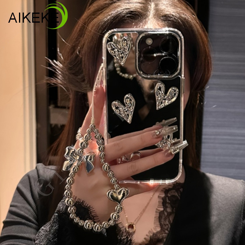 หรูหราหัวใจกระจกสําหรับXiaomi 15 Ultra 14T Pro 14 13T 12T 12S 13 Ultra 12 Mi 11 11T 10T Pro Lite 12X Civi 5 4 Pro 3 2 1Sเงินลูกปัดโบว์สร้อยข้อมือเคสโทรศัพท์Anti-fall Cover