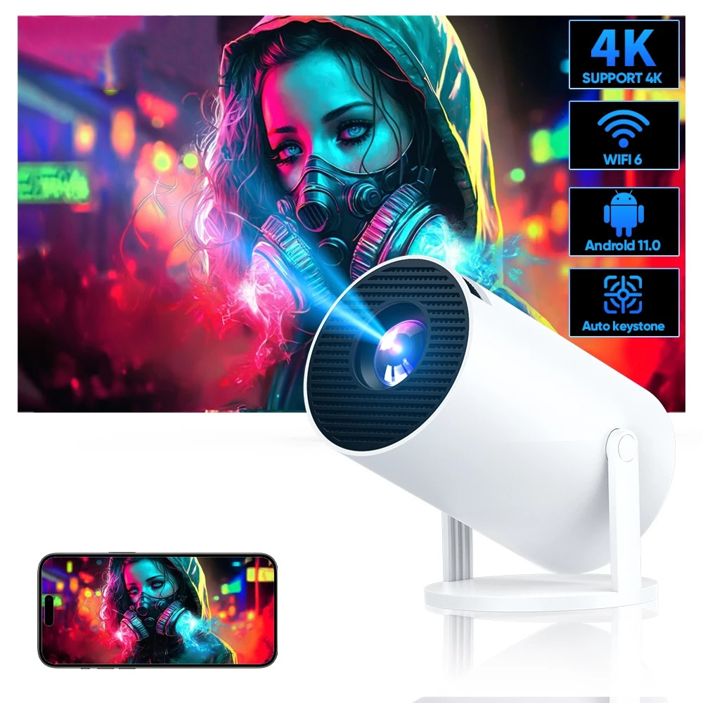 HY300 โปรเจคเตอร์ 4K Full HD 1080P โปรเจคเตอร์แบบพกพาสมาร์ทโปรเจคเตอร์สําหรับโทรศัพท์พร้อมบลูทูธ WIF