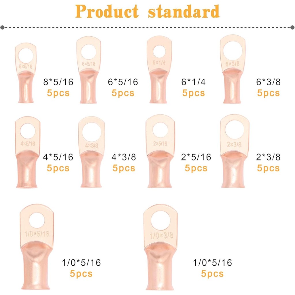 UL Listed Copper Wire Lugs 50PCS,AWG8~1/0 สายแบตเตอรี่ Terminal Connector Ends Assortment 0ANS