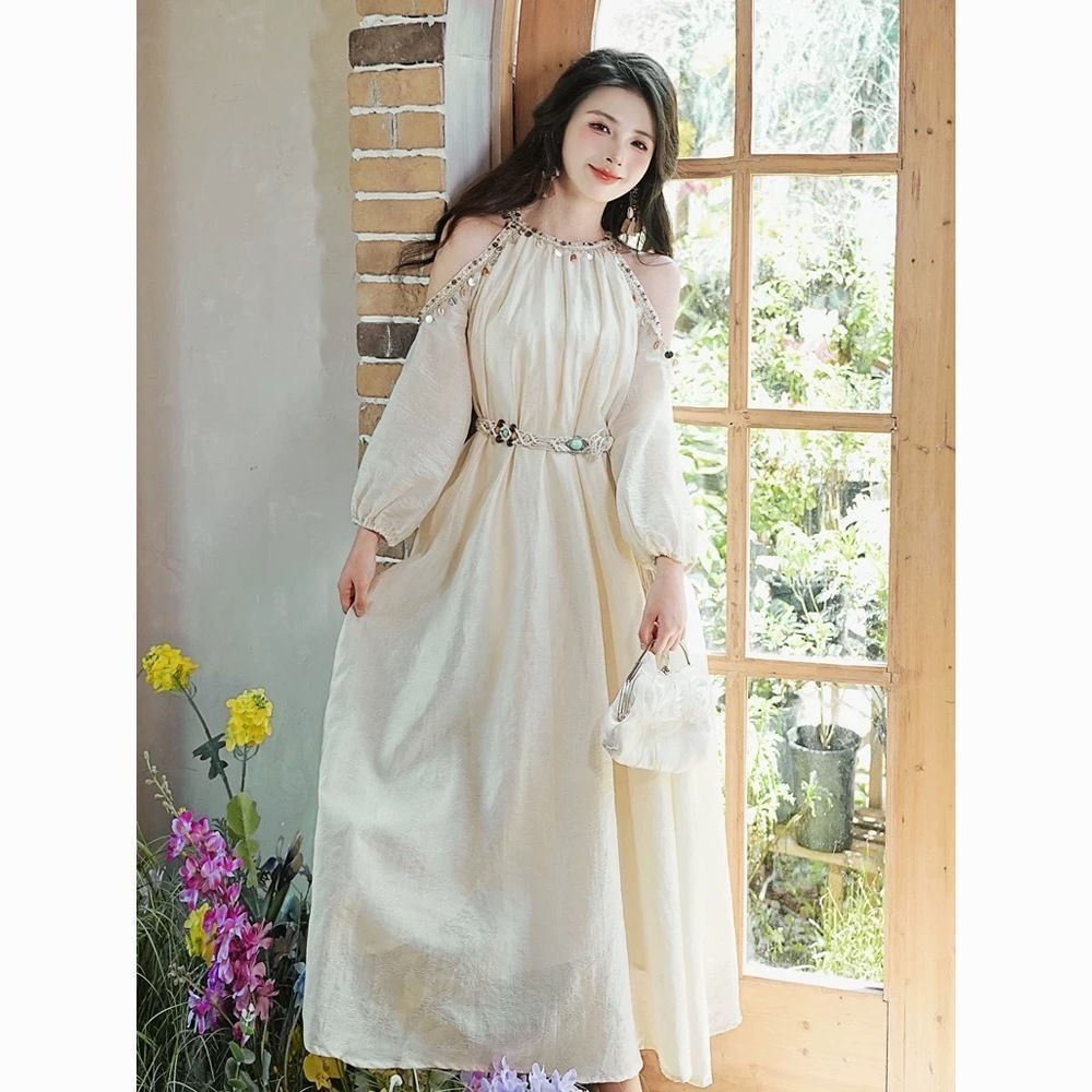 LN4D ฤดูร้อนสไตล์ใหม่ฝรั่งเศสอ่อนโยนอารมณ์แฟชั่นที่สวยงาม Slim-fit Slimmer ดูรอบคอ Strapless แขนยาวก