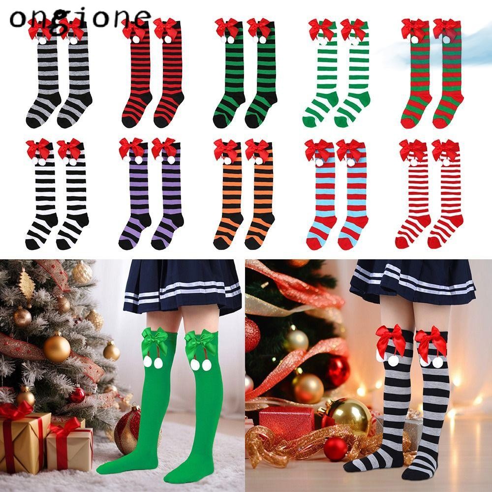 ONGIONE Christmas Stocking, Stripe Bow Hair Ball ถุงเท้าคริสต์มาส, โพลีเอสเตอร์ป้องกันแรงเสียดทานถุง