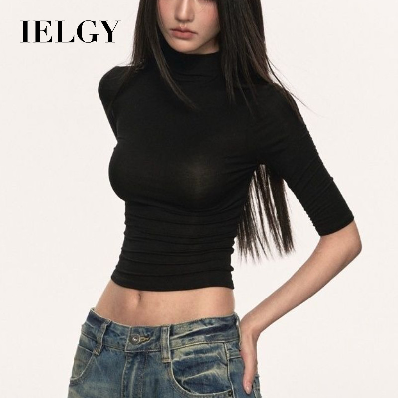 เสื้อสีดำสำหรับผู้หญิง แบบคอสูง สไตล์.slim fit และแขนสามquarters