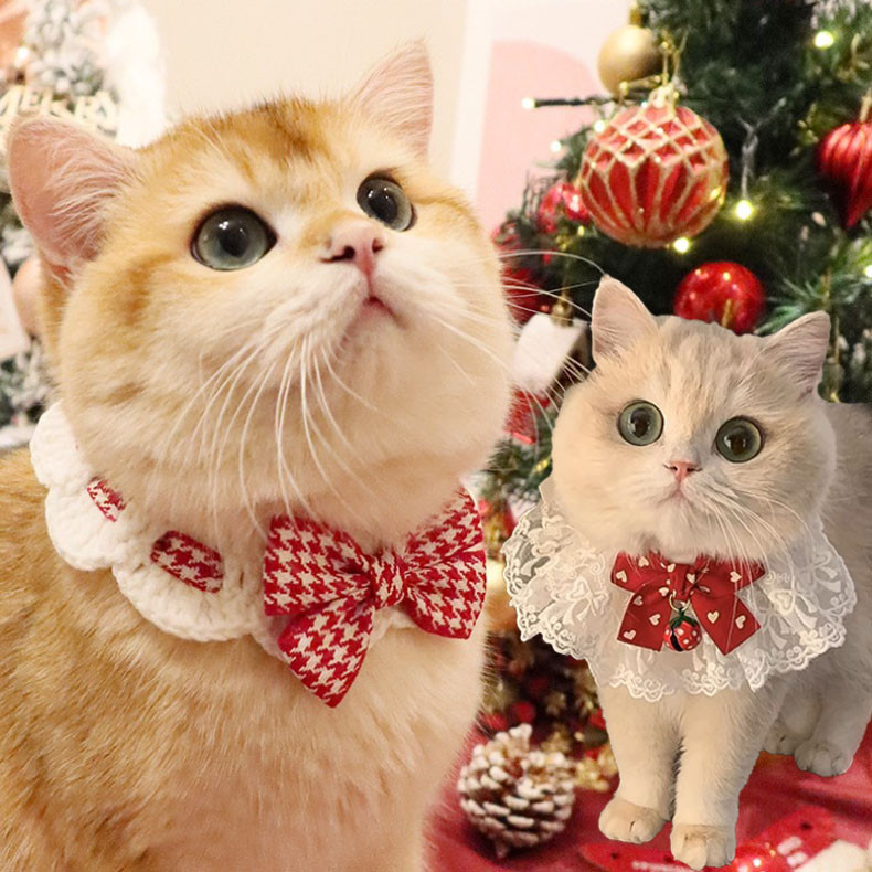 ผ้าพันคอแมว ผูกโบว์ ปลอกคอสัตว์เลี้ยง เอี๊ยม พิมพ์ลายลูกไม้ ประดับโบว์ ชุดปีใหม่