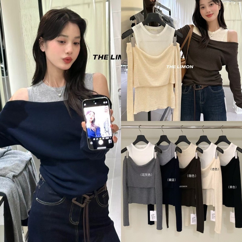 LM6837 เสื้อแขนยาวทรงเปิดไหล่ แต่งเสื้อกล้าม (เย็บติด) ผ้านิ่ม ยืดหยุ่นได้ดี แฟชั่นเกาหลี TAG WG.WE