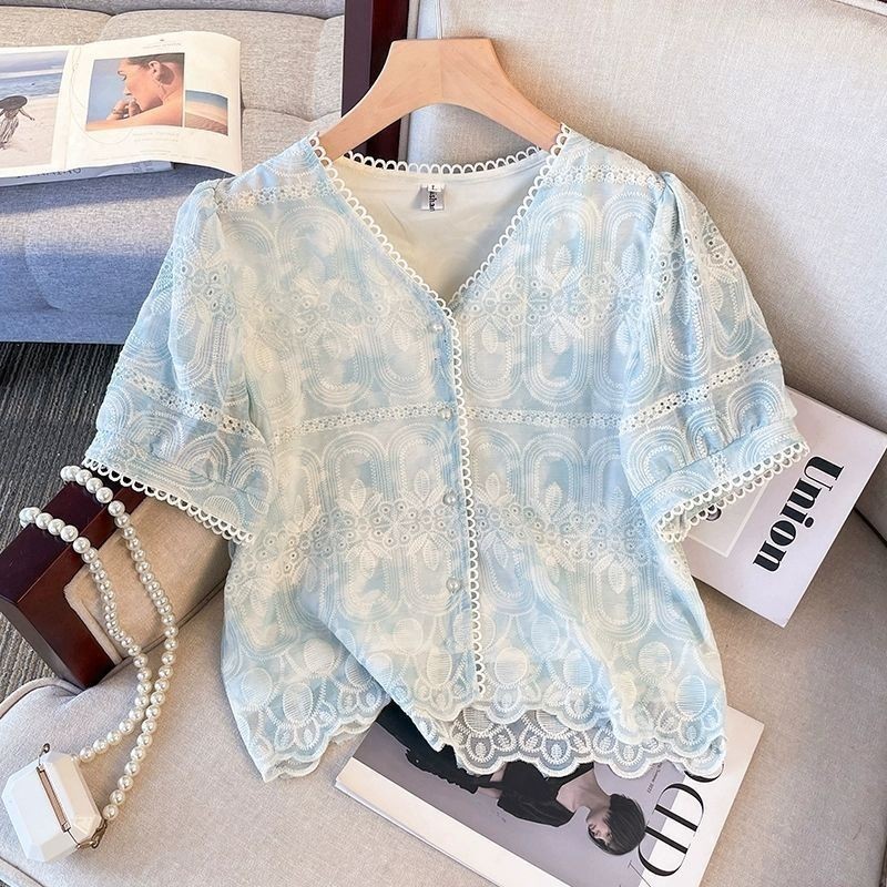 ส่งไวจากไทย⭐Summer⭐S-3XL เสื้อเชิ้ตผ้าลูกไม้แขนสั้นลายปักสไตล์สตรีสำหรับฤดูร้อน