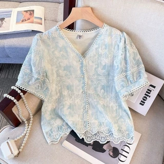 ส่งไวจากไทย⭐Summer⭐S-3XL เสื้อเชิ้ตผ้าลูกไม้แขนสั้นลายปักสไตล์สตรีสำหรับฤดูร้อน