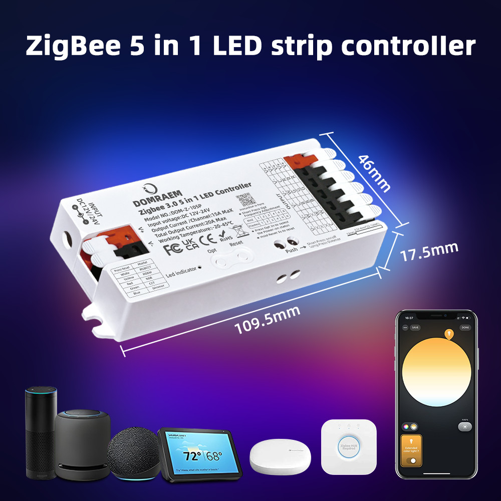 DOMRAEM 20A ZIGBEE3.0 LED Strip Controller DIMMER RGB RGBWCCT 5 in 1 ใช้งานร่วมกับ HU * E SmartThing