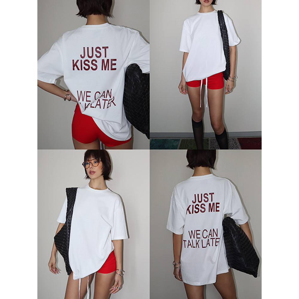 เสื้อยืดผ้าฝ้าย สไตล์เกาหลี JUST KISS ME ออกแบบใหม่ เหมาะสำหรับฤดูร้อน