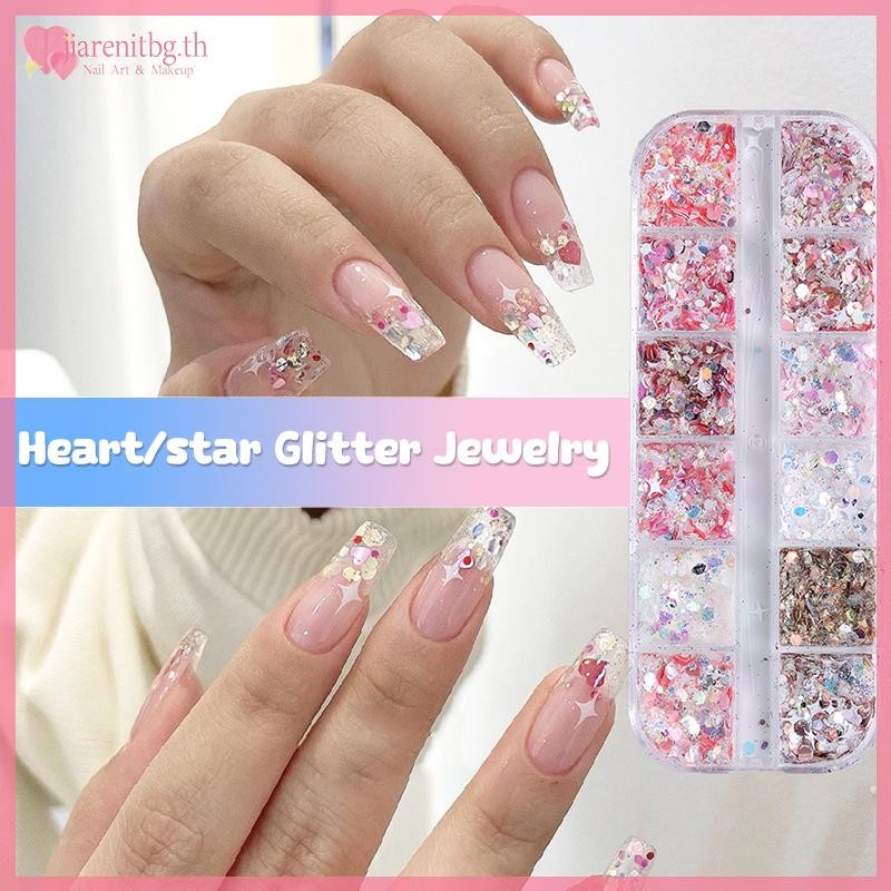 RENBG Glitter เลื่อมผสม 12 กริด Star รูปหัวใจสีสันเล็บ Sequins สําหรับประกาย Shaker เล็บ Art Flakies Paillette เล็บ TH