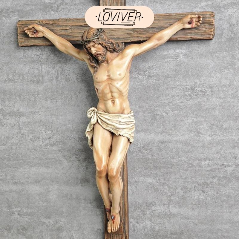 LOVIVER ครูซิฟิกซ์ ผนังศิลปะแขวนข้ามห้องนอนศาสนาของขวัญลานโรงแรมเรซิ่นชั้นวางหนังสือบ้านประติมากรรมพระเยซูบนไม้กางเขน