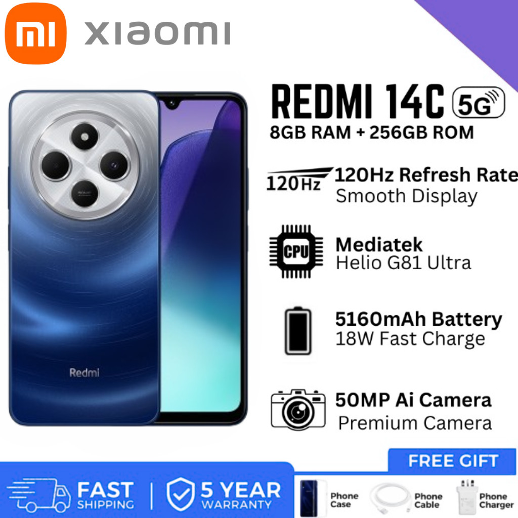 Redmi 14C 5G Smartphone | 8GB RAM + 256GB ROM | Helio G81 | 90Hz 6.74" Display | 5160m