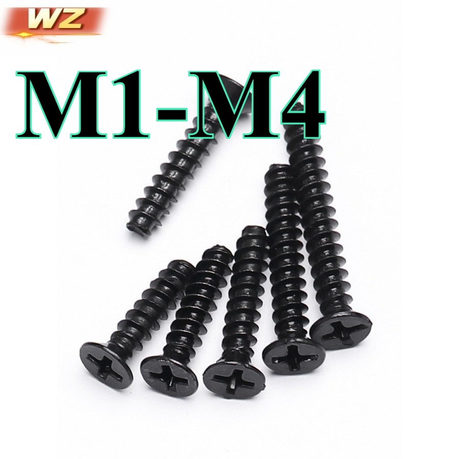 สกรูแทพตัวเองหัวจมหางแบน เหล็กคาร์บอนชุบดำ KB ยี่ห้อ WZ ขนาด M1-M4 มาตรฐาน GB ผลิตในจีนแผ่นดินใหญ่​(