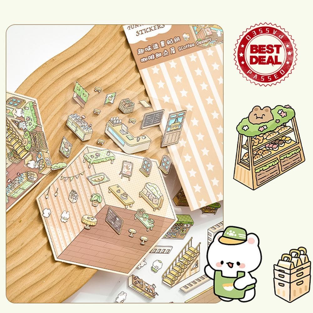 Snack Bar 3d Miniature ฉากสติกเกอร์ Diy น่ารักการ์ตูนอาคาร Journal สติกเกอร์ความทรงจํา O0p9