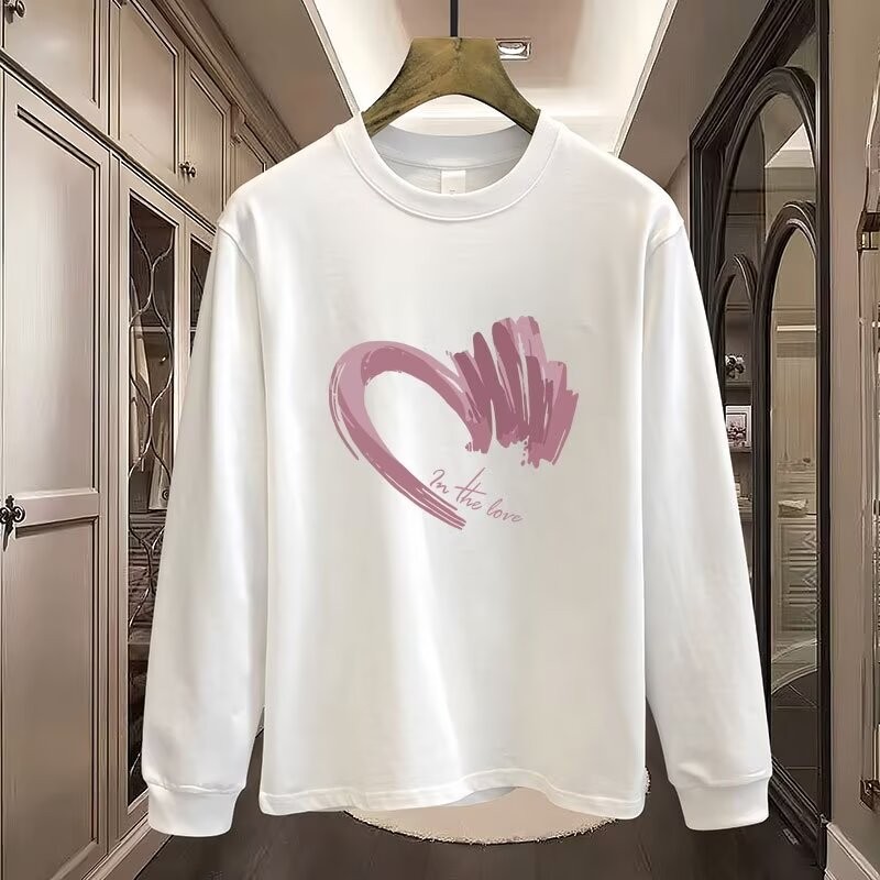 2025 NEW 2025 Design Sense Hand-painted Heart Print Long Sleeve T-shirt for Women Spring and Autumn 