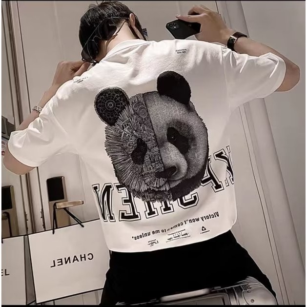 COD 2025 Bear Print Short Sleeve Men's Pure Cotton Ins Internet Celebrity Trendy Brand Cartoon Slim 