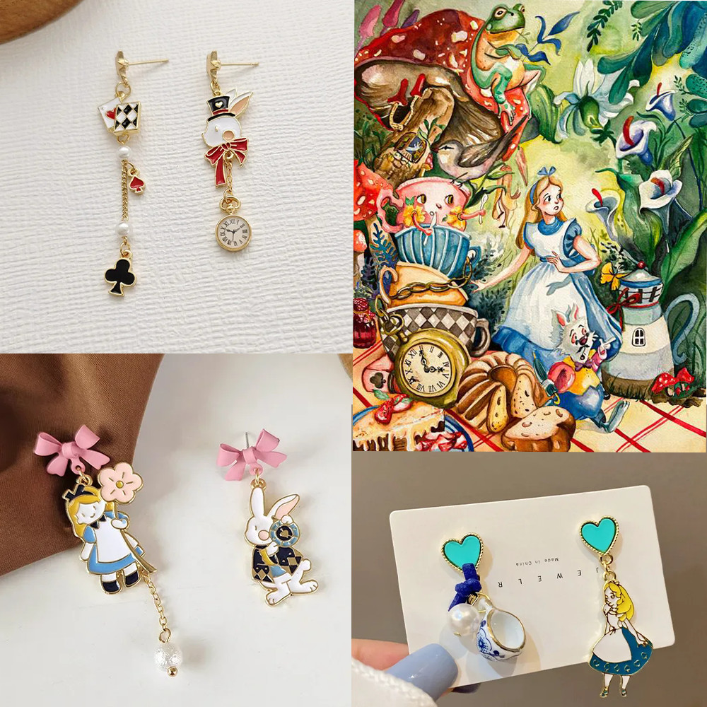 ต่างหูสไตล์อนิเมะน่ารัก กระต่ายจาก Alice in Wonderland สำหรับฮัลโลวีนและเป็นของขวัญที่สวยงาม