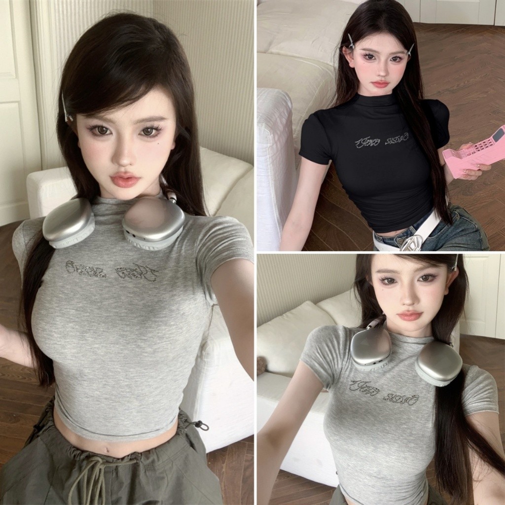 Hotgirl พร้อมส่ง เสื้อยืดแขนสั้นพิมพ์ลายผู้หญิง คอกลม สไตล์สลิมฟิต สไตล์สาวฮอตย้อนยุคสไตล์อเมริกั