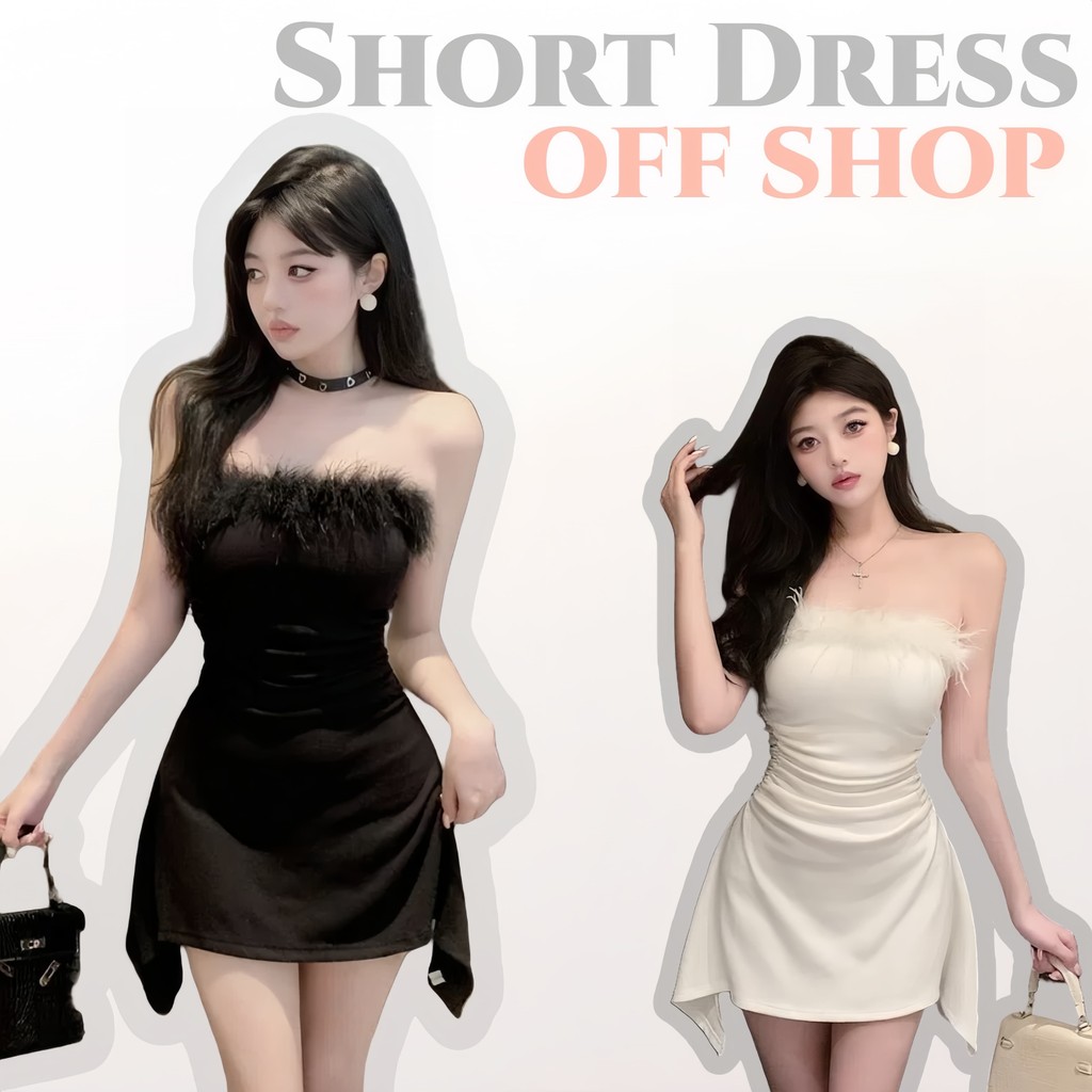 OFF SHOP 🥻ใหม่ 2025 มินิเดรว หวานและเซ็กซี่ แต่งขนมุ้งมิ้งที่อก ปลายปล่อย "FY2768"