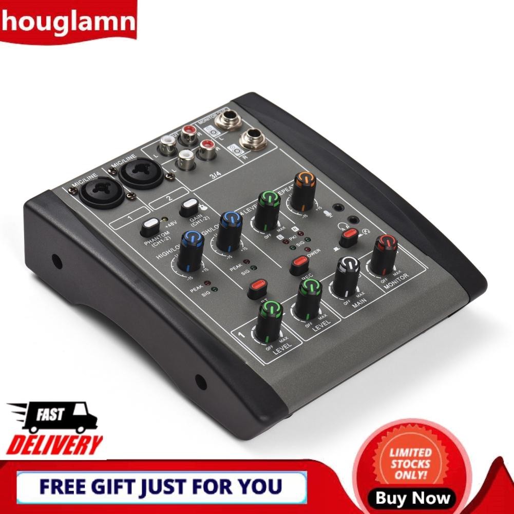 Houglamn Houglamn Audio Mixer 4 ช่องทางผสมคอนโซล 48V Phantom Power สำหรับ Home Studio บันทึก DJ Netw