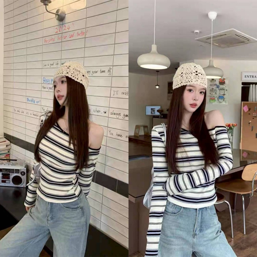 เสื้อเปิดไหล่แขนยาว น่ารักมากๆ ลายทางสีครีมยืดใส่ง่าย เที่ยวทำงานสบาย ทรงเข้ารูป