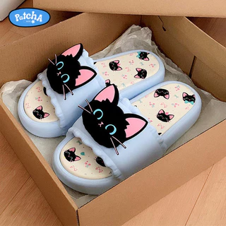Patcha รองเท้าแตะ แบบสวม ดีไซน์น้องแมวดำ น่ารักสุดๆ พื้นนุ่ม เบา เสริมส้น2-3เซ็น