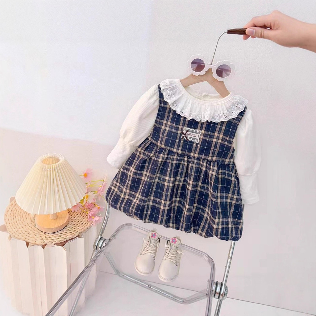 ฤดูกาลโรงเรียนหญิงทารกฤดูใบไม้ร่วงเสื้อผ้าลายสก๊อตแขนยาวฤดูใบไม้ผลิฤดูใบไม้ร่วงสไตล์ใหม่ทารกกระโหลกเจ้าหญิงปลอมสองชิ้นกระโปรงดูดีแฟชั่นเด็