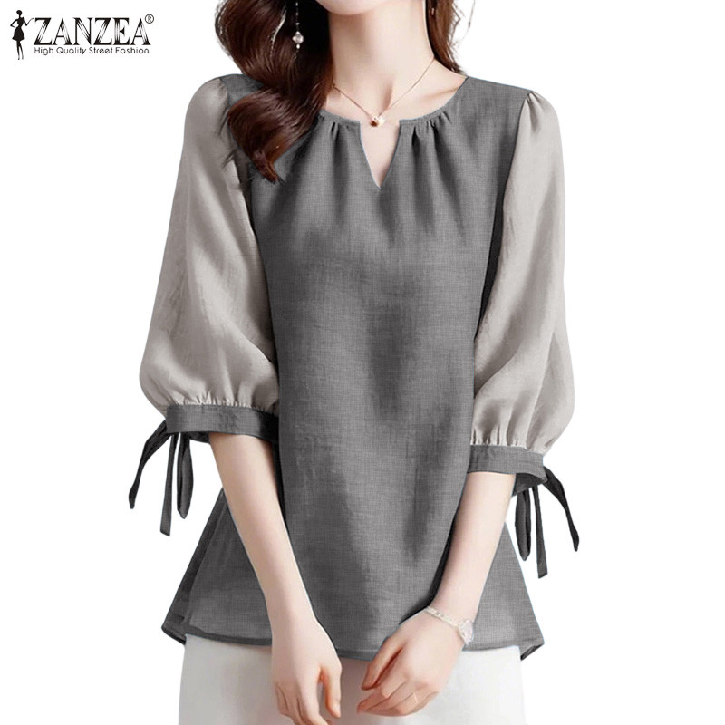 เสื้อเบลาส์ทรงหลวม คอวี แขน 3/4 สไตล์เกาหลี