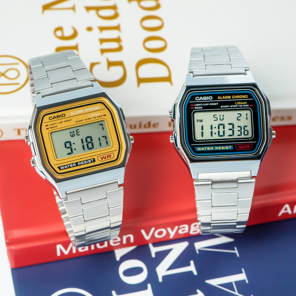 Casio นาฬิกาสี่เหลี่ยมเล็ก Retro อิเล็กทรอนิกส์นาฬิกาผู้ชาย casio นาฬิกาสี่เหลี่ยมเล็กเงิน A158W/A16