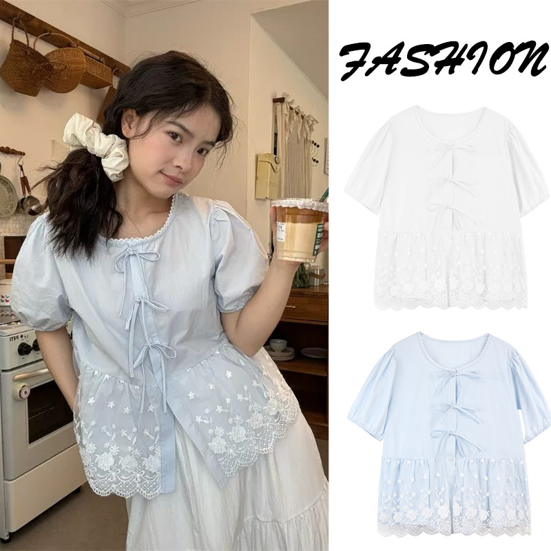 w746 เสื้อเชิ้ตผู้หญิงคอกลม ติดโบว์ แขนพอง ดีไซน์ต่อผ้าลูกไม้ รุ่นใหม่ฤดูร้อน สไตล์อ่อนหวาน สไตล์เกลือ ตัดทรงหลวม