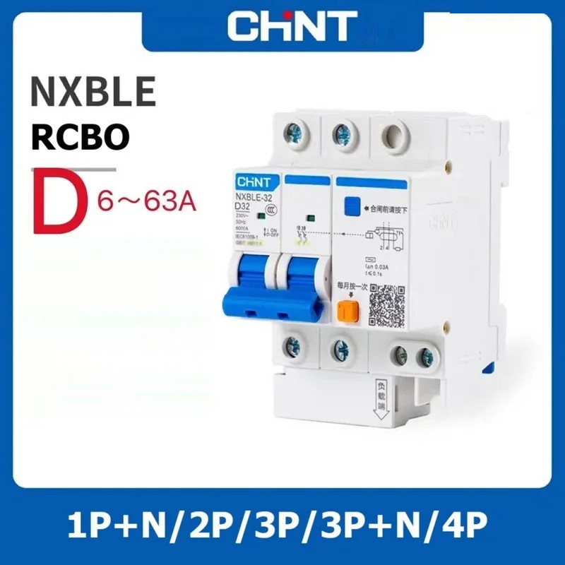 CHINT D Curve Type RCBO NXBLE-32 NXBLE-63 1P 2P 3P + N 4P Residual Leakage Circuit Breaker Protector