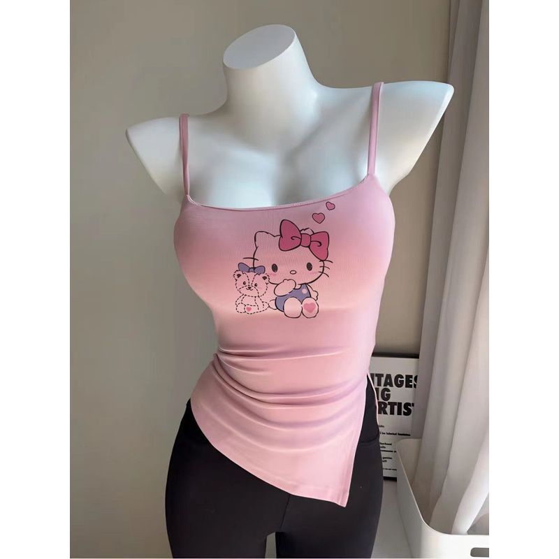 So Lovely รอบใหญ่ 2023 ฤดูร้อนสไตล์ใหม่ด้านบนเกลียวบางไหล่ u-คอ Camisole ผู้หญิงด้านในด้านข้าง Slit 