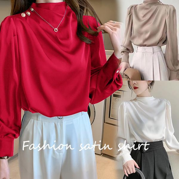 mimi-เสื้อเชิ้ตแขนยาว เสื้อเชิ้ตทำงาน คอปกตั้ง ทรงเข้ารูป หรูหรา สง่างาม และดูเป็นผู้ใหญ่ สีพื้นเรียบสำหรับผู้หญิง#99307