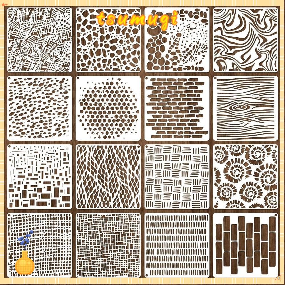 TSUMUGI 16pcs ภาพวาด Stencils, Textured Hollow-out Craft Stencils, Creative Reusable Layered Drawing