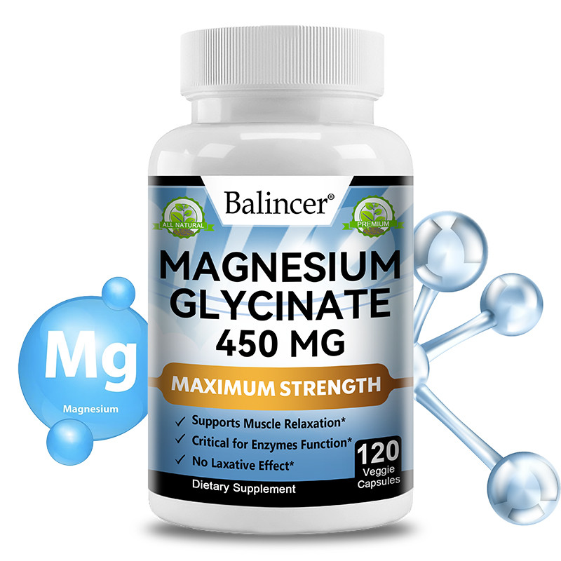BALINCER Magnesium Glycinate 450 Mg - รองรับผ่อนคลายกล้ามเนื้อ รักษาความหนาแน่นของกระดูก ส่งเสริมการการเผาผลาญพลังงาน และบรรเทาความวิตกกังวลและความเครียด