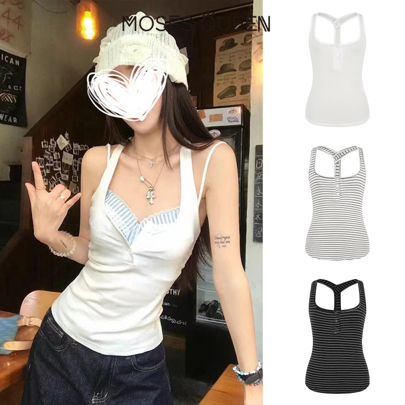 MOSESQUEEN เสื้อกล้ามคล้องคอสีขาวสาวฮอตสไตล์อเมริกันสําหรับฤดูร้อนแบบใหม่สีทึบเรียบหรู #63808
