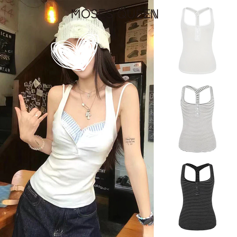 MOSESQUEEN เสื้อกล้ามคล้องคอสีขาวสาวฮอตสไตล์อเมริกันสําหรับฤดูร้อนแบบใหม่สีทึบเรียบหรู #63808