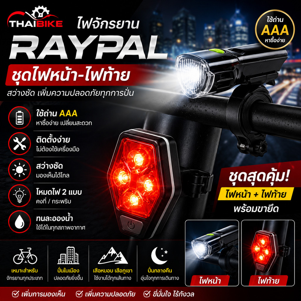 ไฟหน้าจักรยาน RAYPAL NUMEN 2.0 + ไฟท้ายจักรยาน กันน้ำ LED 3W ใช้ถ่าน AAA ติดตั้งง่าย