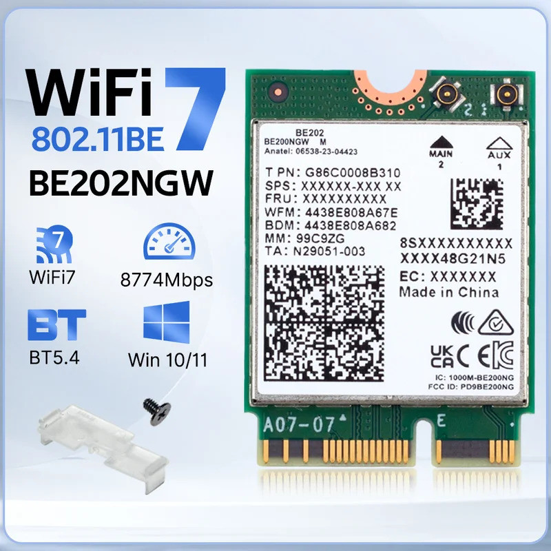 WiFi 7 สําหรับ BE202 การ์ดเครือข่าย M.2 บลูทูธ 5.4 2400Mbps Tri-Band 2.4G/5G/6GHz BE202NGW WiFi 7 อะ