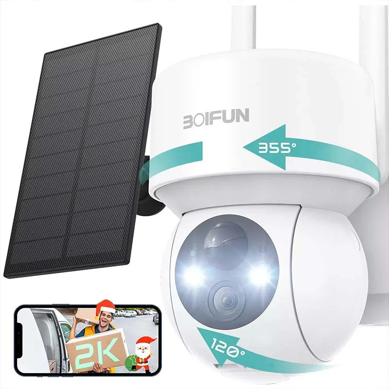 BOIFUN 2K WiFi-Wireless กล้องรักษาความปลอดภัยภายในบ้านกลางแจ้งพร้อมแผงโซลาร์เซลล์, เสียงสองทาง, การม