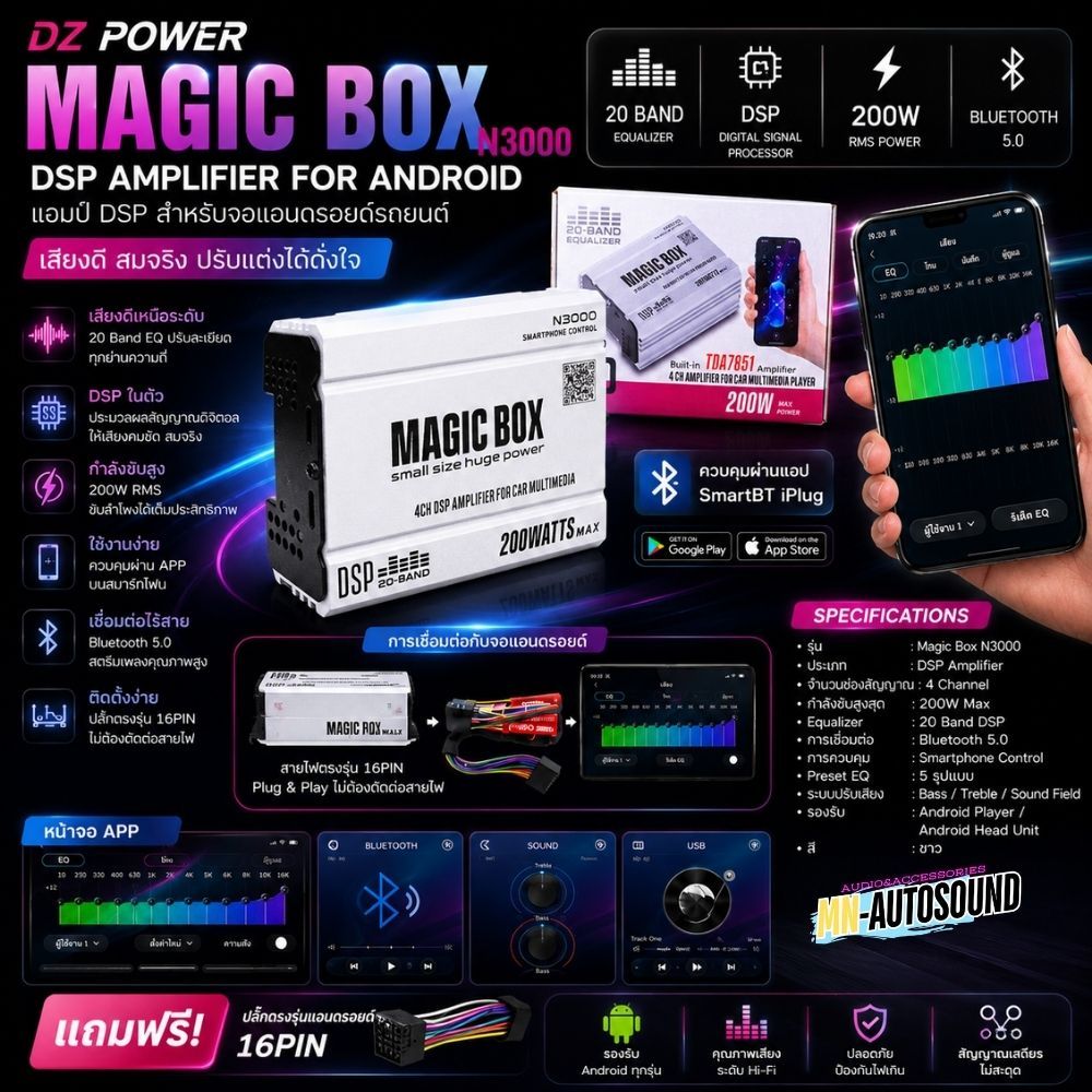 DSP Android Amp N3000 แอมป์รถยนต์ 4CH ปรับ Bass Treble EQ ผ่านมือถือ Bluetooth