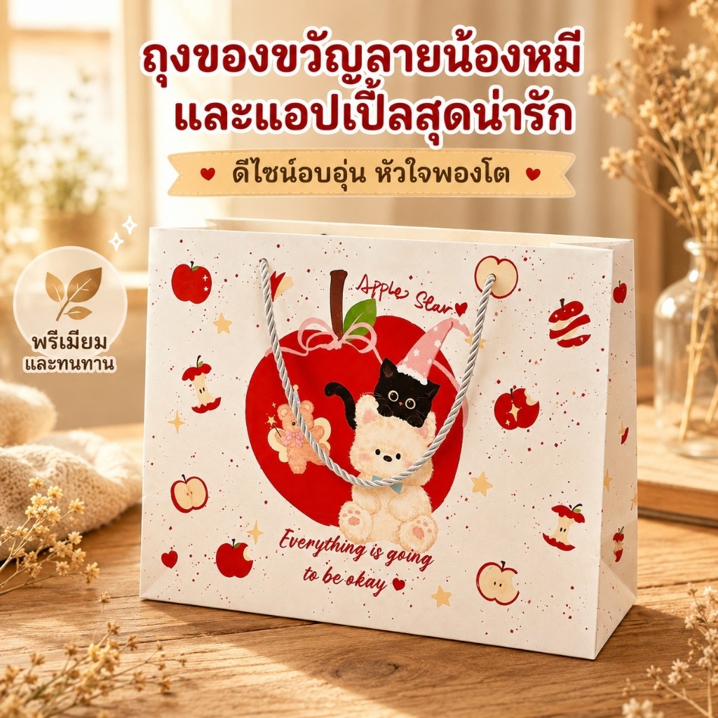 ถุงของขวัญลายหมีแอปเปิ้ลน่ารัก 4ขนาด กระดาษหนา หูเชือกแข็งแรง ใส่ของขวัญ วันเกิด ขนม ของชำร่วย ปาร์ตี้เด็ก