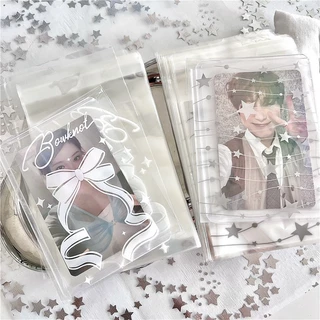 ถุงซีลเก็บการ์ดไอดอล 100ชิ้น ลายโบว์ดาว 7แบบ โปร่งใส กันน้ำ กันฝุ่น กันรอย ซองใส่โฟโต้การ์ด การ์ดสะสม 8x10+3ซม