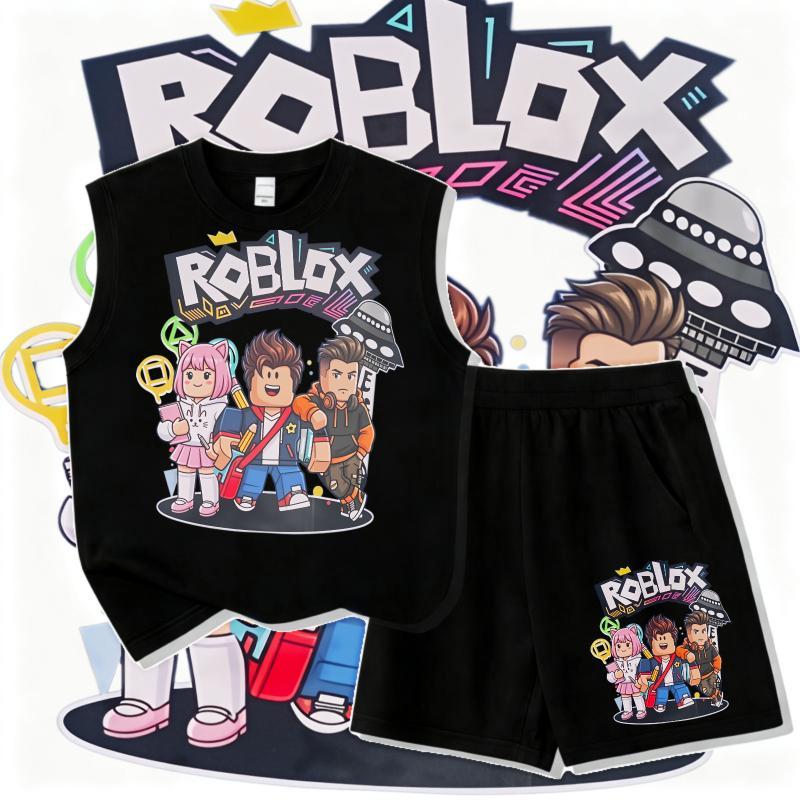 [COD]（ชุดเสื้อกั๊กและกางเกงสั้นเด็ก）ชุดเสื้อกล้าม+กางเกงขาสั้นลายRoblox+New เสื้อผ้าเด็ก  สไตล์ลำลอง คอกลม สูง ขนาด 100-