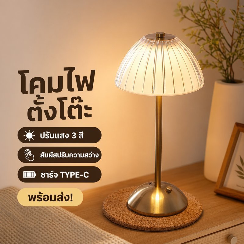โคมไฟตั้งโต๊ะ LED คริสตัล ไฟสัมผัส 3 สี ชาร์จ Type C ถนอมสายตา ไฟกลางคืน แต่งห้องนอน